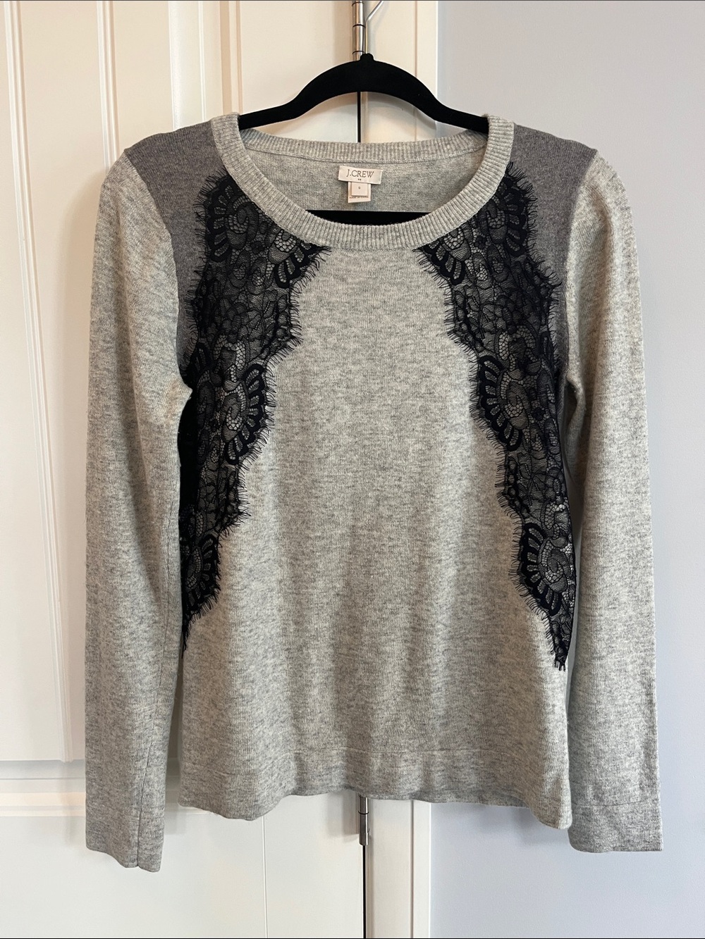 J. Crew Light Gray Crewneck Sweater with Black Lace Panels S